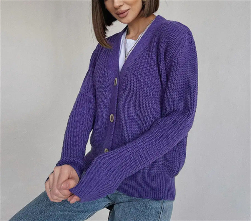 Damen Boxy-Grobstrick-Cardigan mit tiefer V-Leiste, Holzknopfverschluss und geripptem Saum Drune