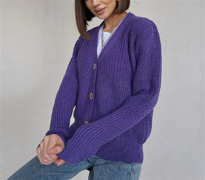 Damen Boxy-Grobstrick-Cardigan mit tiefer V-Leiste, Holzknopfverschluss und geripptem Saum Drune