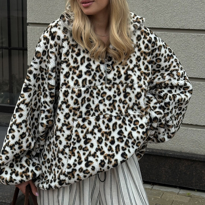 Damen Plüsch-Hoodie mit Leopardenmuster Drune