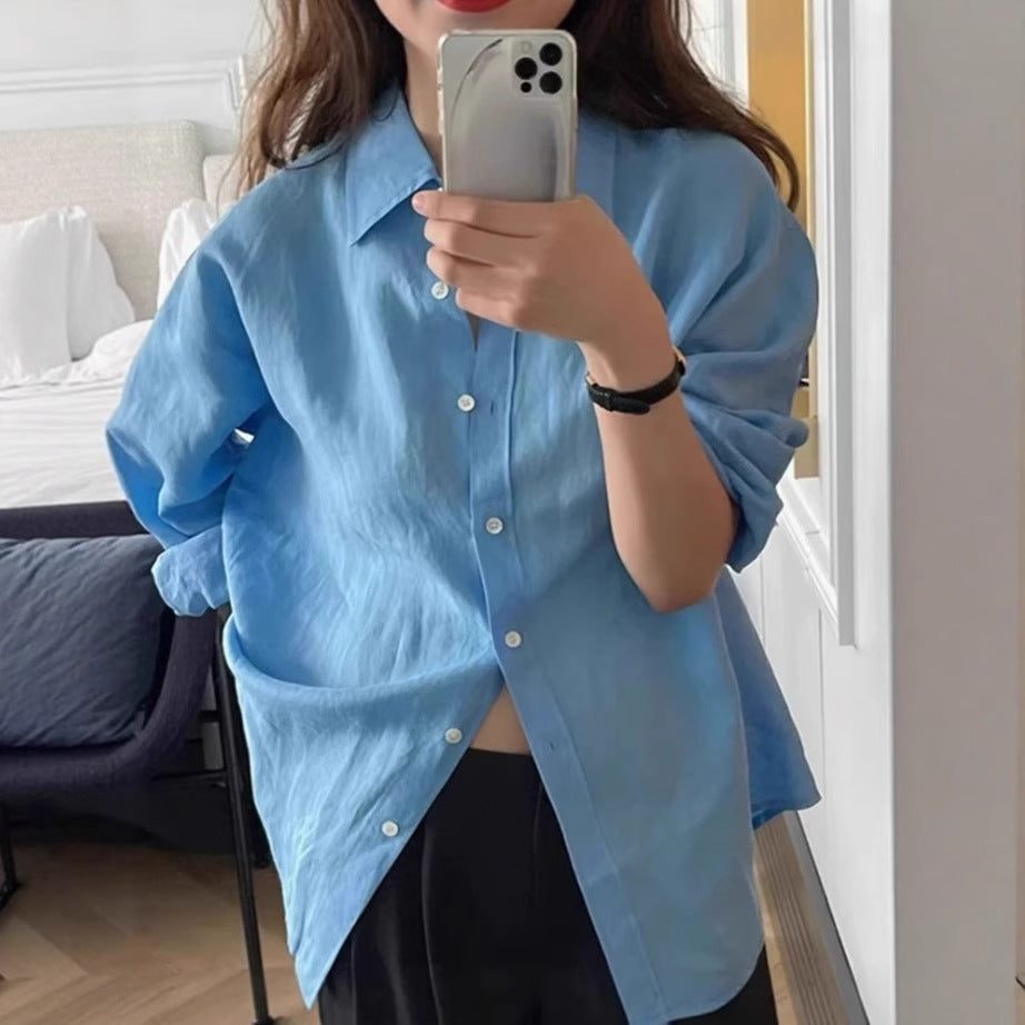Damen Locker geschnittene Leinen‑Hemdbluse mit kastiger Silhouette und abgerundetem Saum Drune