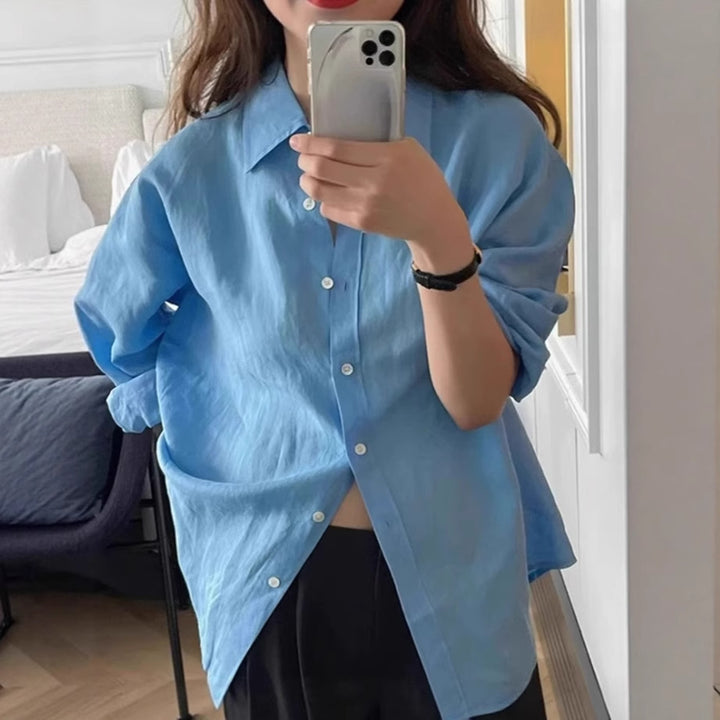 Damen Locker geschnittene Leinen‑Hemdbluse mit kastiger Silhouette und abgerundetem Saum Drune