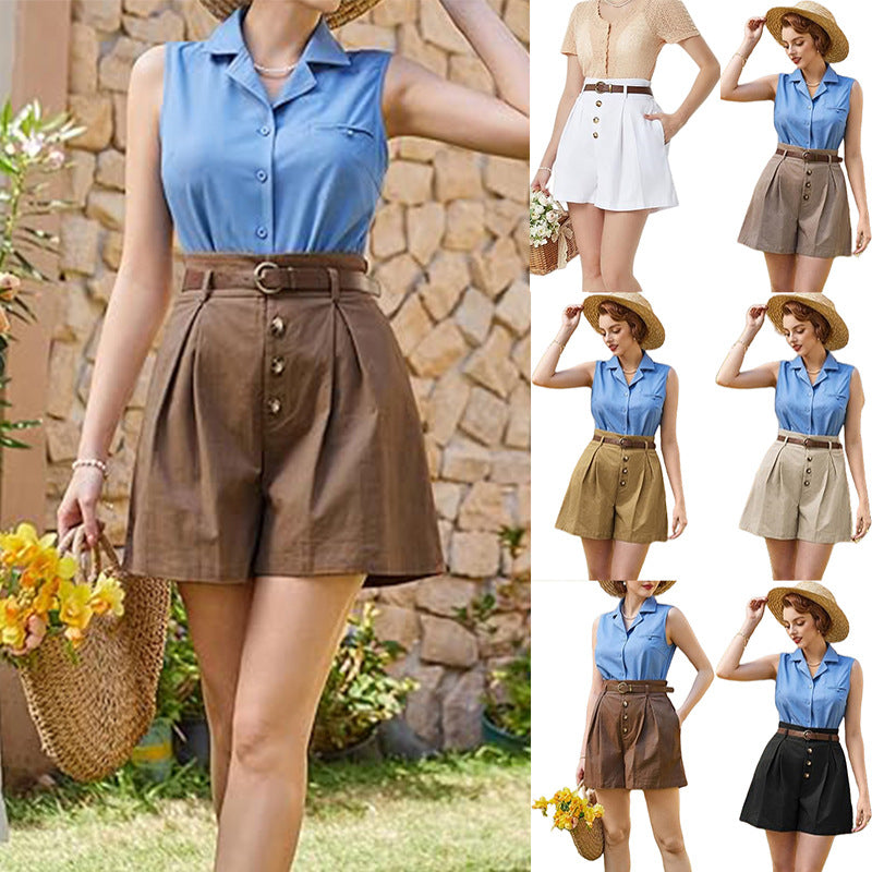 Damen Plissee-Cargo-Shorts mit hohem Bund und dekorativem Gürtel Drune