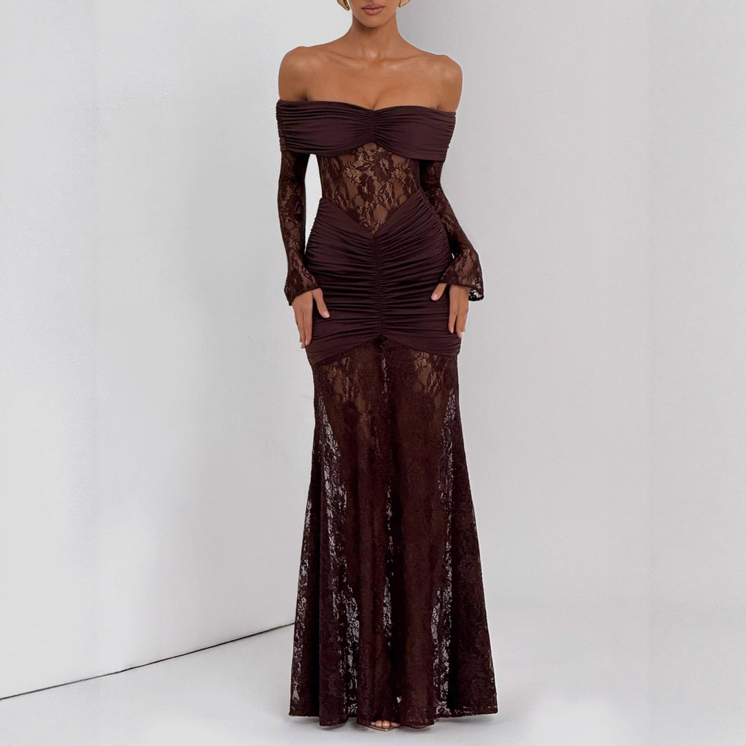 Damen Elegantes Spitzen-Maxikleid mit elegantem Off-Shoulder Design und Raffungen Drune