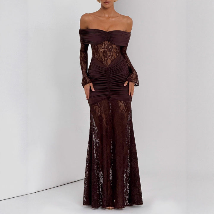 Damen Elegantes Spitzen-Maxikleid mit elegantem Off-Shoulder Design und Raffungen Drune
