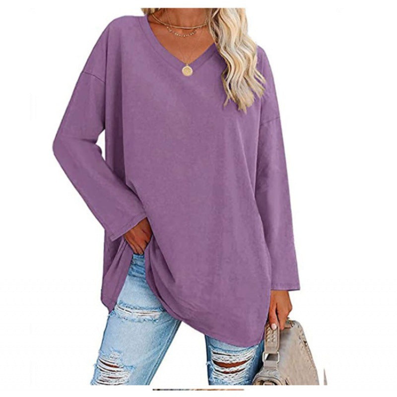 Damen Lässiges V-Ausschnitt Sweatshirt mit langen Ärmeln und asymmetrischem Saum Drune