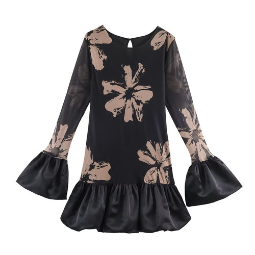Damen Kurzes A-Linien-Kleid mit Blumenprint, transparenten Trompetenärmeln und Satinvolant Drune