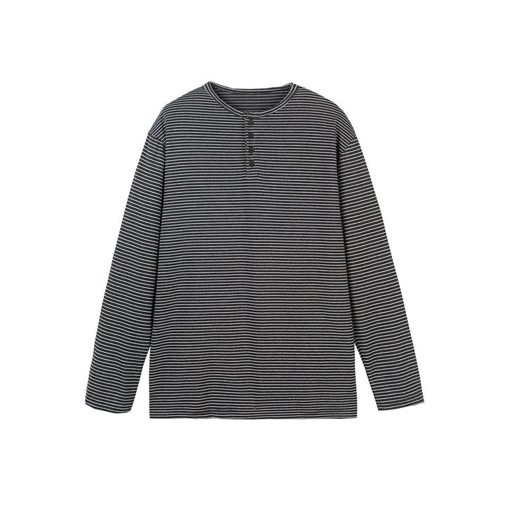 Unisex Gestreiftes Henley-Langarmshirt im Oversize-Relaxed-Schnitt mit Knopfleiste Drune