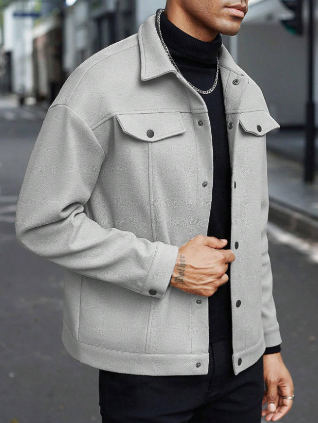 Herren nan Wolloptik-Overshirt Jacke im Shacket-Stil mit Brustklappen und Druckknopfleiste Drune