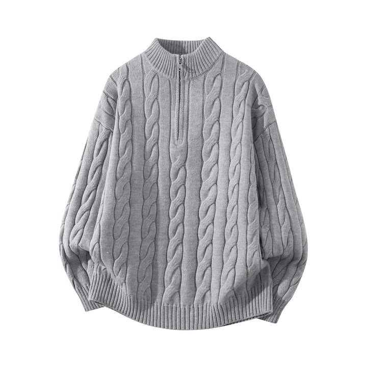 Damen Oversize Zopfmuster-Halbreißverschluss-Pullover mit Ballonärmeln und Stehkragen Drune