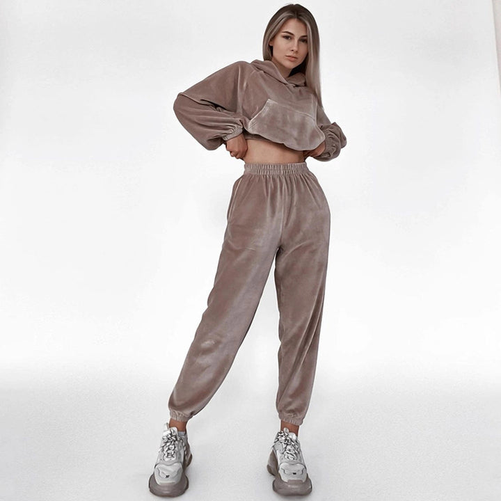 Damen Samt-Cropped-Loungewear-Set mit Kapuzenpullover und elastischer High-Waist-Jogginghose Drune