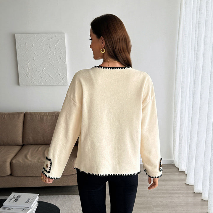 Damen Eleganter Strickjacke mit kontrastierenden Borten Drune