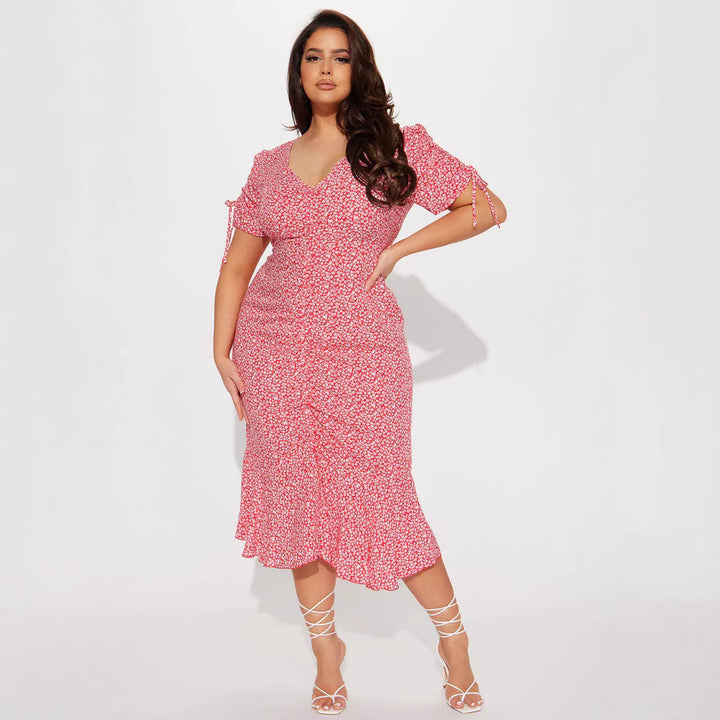 Damen Midi-Kleid mit floralen Mustern und luftigen Rüschendetails Drune