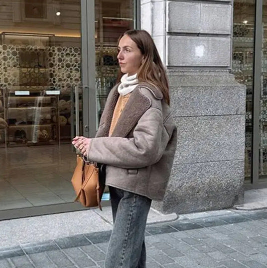 Damen modische Kunstfelljacke mit oversized Schnitt und breitem Kragen Drune