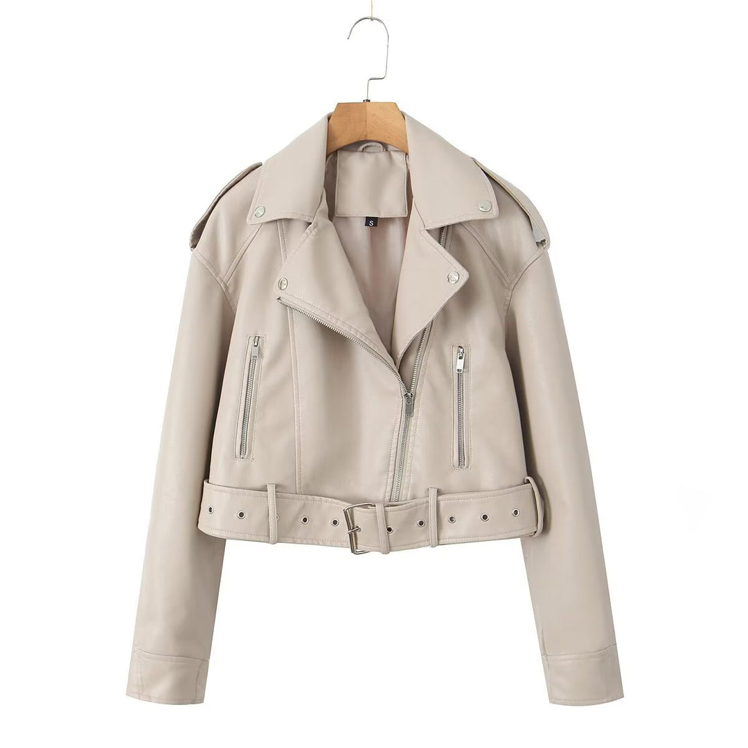 Damen taillierte Kunstleder-Bikerjacke mit Gürtel Drune
