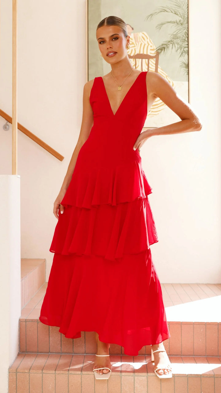 Damen Maxikleid mit verführerischen Rüschenschichten und tiefem V-Ausschnitt Drune