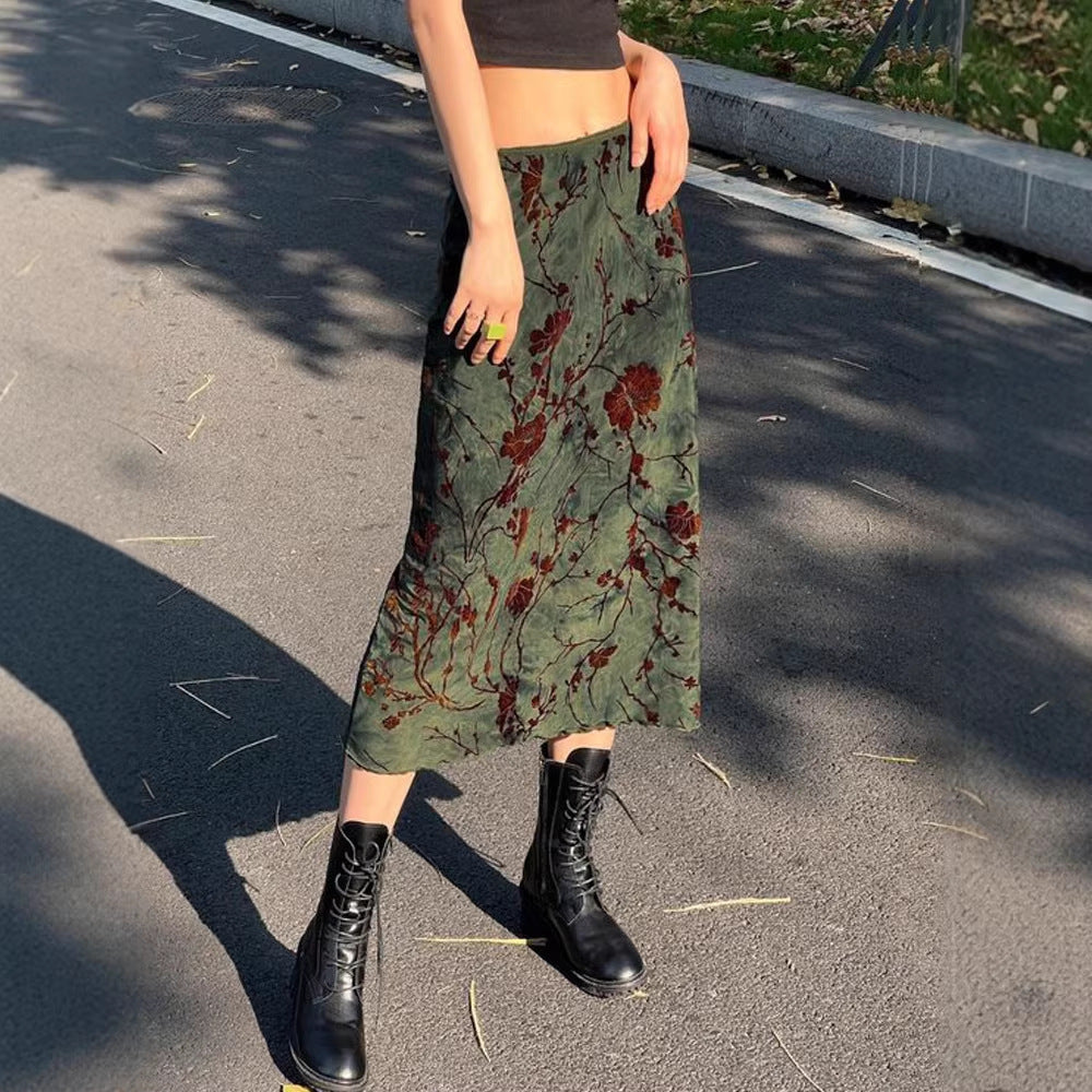 Damen Satin Midirock mit floraler Samtapplikation und schmaler Silhouette Drune