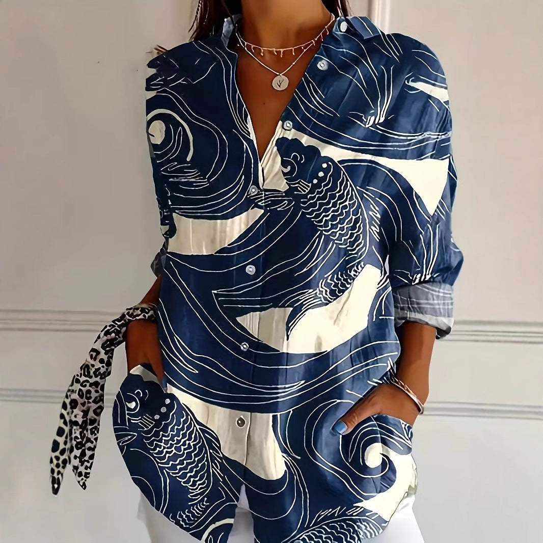 Damen Künstlich Gemustertes Button-Up Hemd Drune