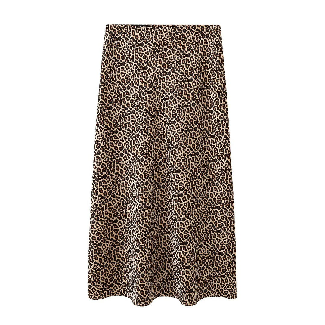Damen Midirock aus fließender Satinqualität in A‑Linie mit Leo‑Print Drune