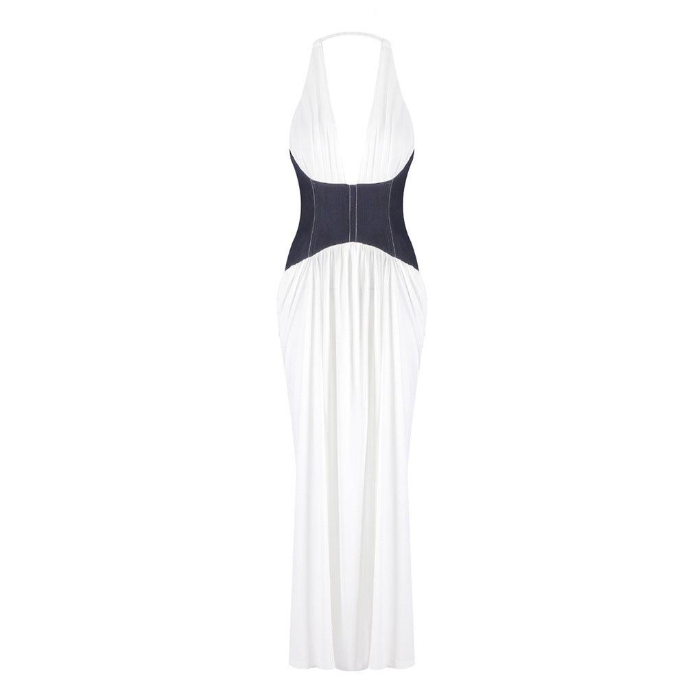 Damen Elegantes Maxi-Kleid mit tiefem V-Ausschnitt und taillierter Taille Drune