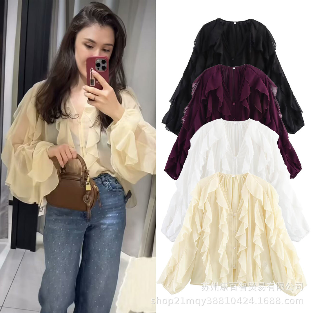 Damen Volant-Chiffonbluse mit V‑Ausschnitt, Knopfleiste und Ballonärmeln Drune
