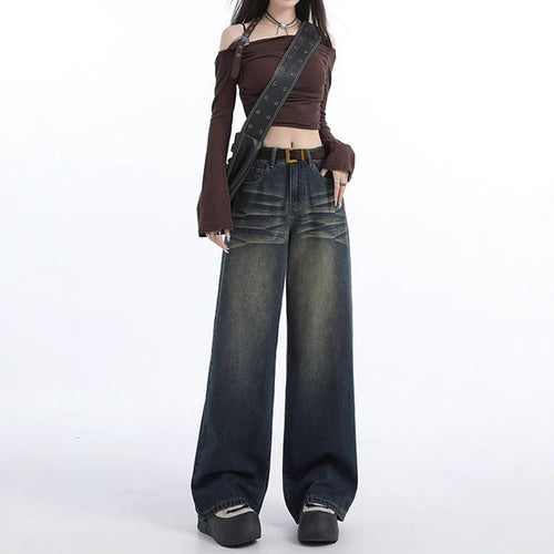 Damen weiter geschnittene Jeans mit hohem Bund und modischem Waschung Drune