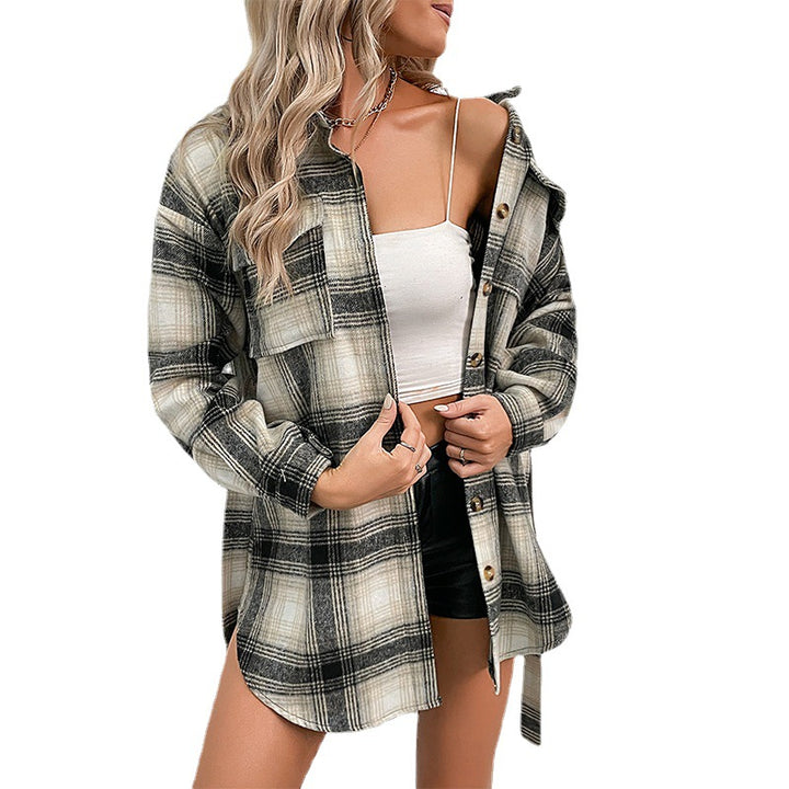 Damen lässige Overshirt-Jacke im Karo-Design mit knöpfbarer Front Drune