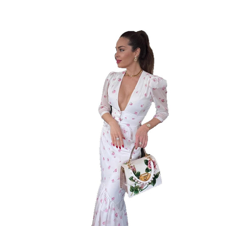 Damen Florales Satin-Midikleid mit tiefem V-Ausschnitt, Puffärmeln und taillierter Raffung Drune