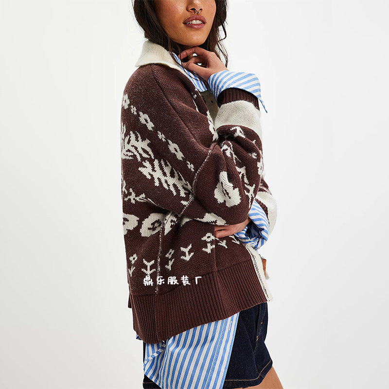 Damen Strickjacke mit floralem Muster und kleinen Knöpfen Drune