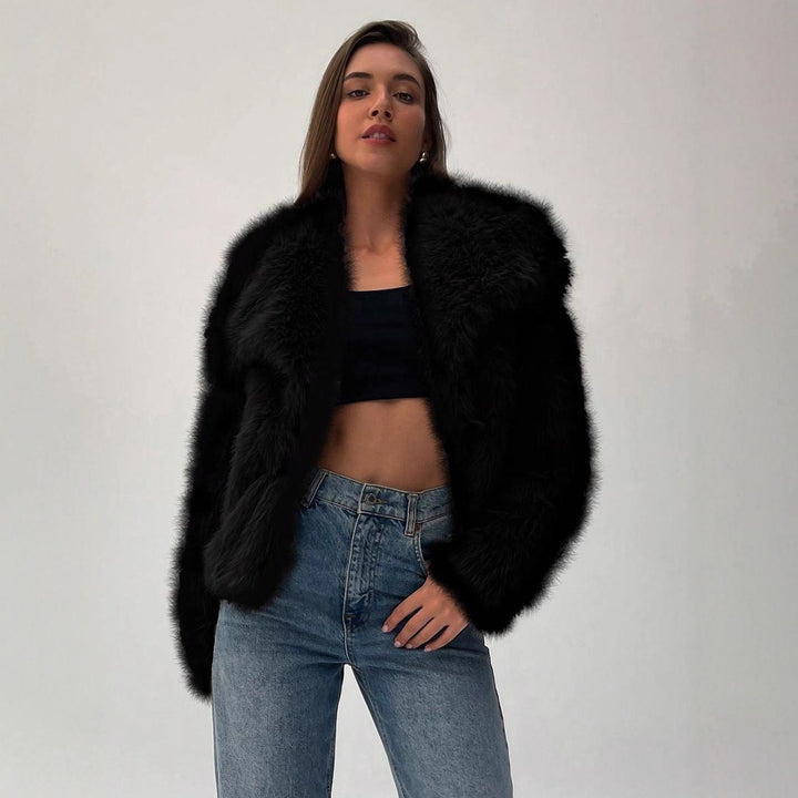 Damen Modischer Kunstpelz-Cropped-Jacke mit voluminösen Ärmeln Drune
