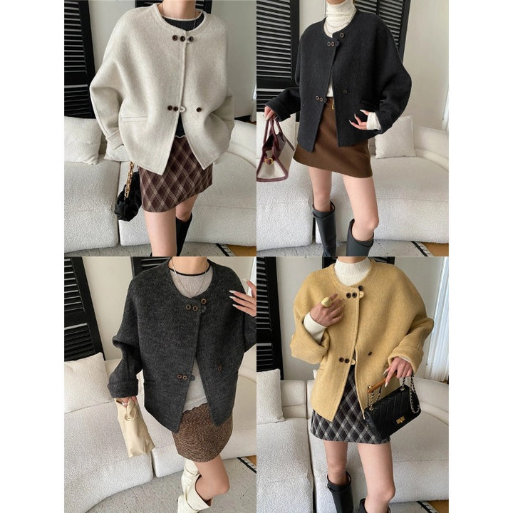 Damen kuschelige Oversized-Jacke aus hochwertigem Wollmix mit Knopfdetails Drune