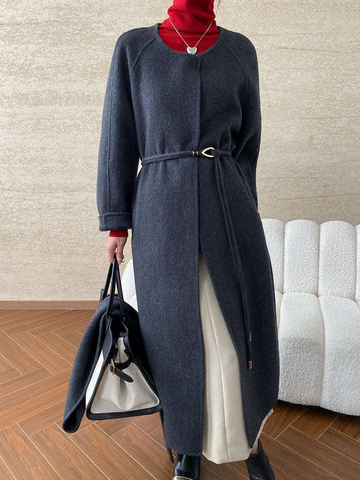 Damen eleganter Wickelmantel mit großzügigem Kragen und praktischem Gürtel Drune