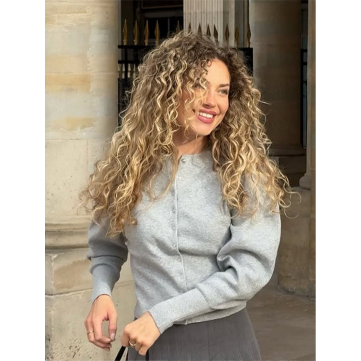 Damen modische Strickjacke mit plissierten Ärmeln und Knopfdetails Drune