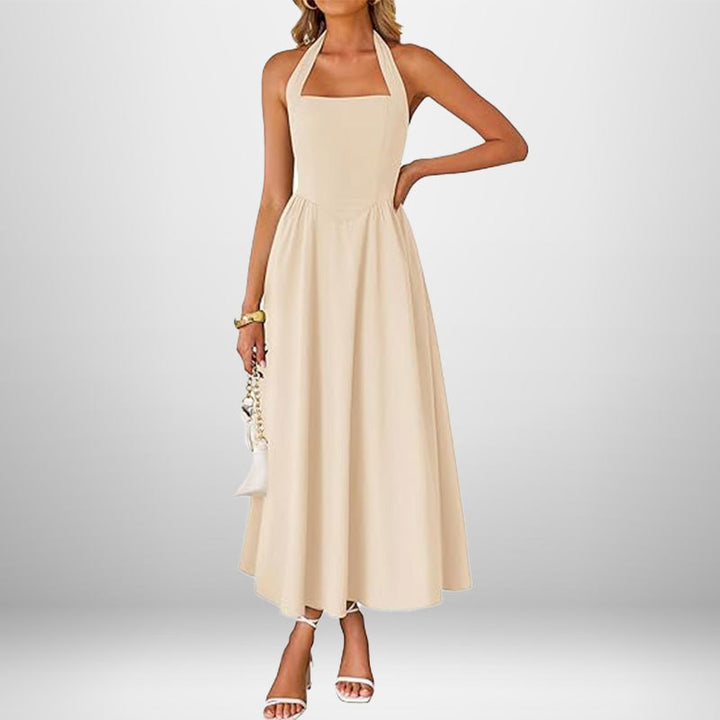 Damen Maxikleid mit schulterfreiem Halterneck und fließendem Rock Drune