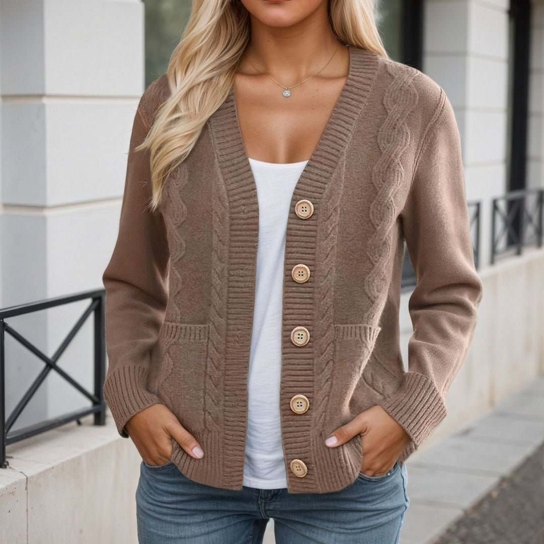 Damen nan längerer Strickcardigan mit Kabelstruktur, V-Ausschnitt und Holzknopfleiste Drune