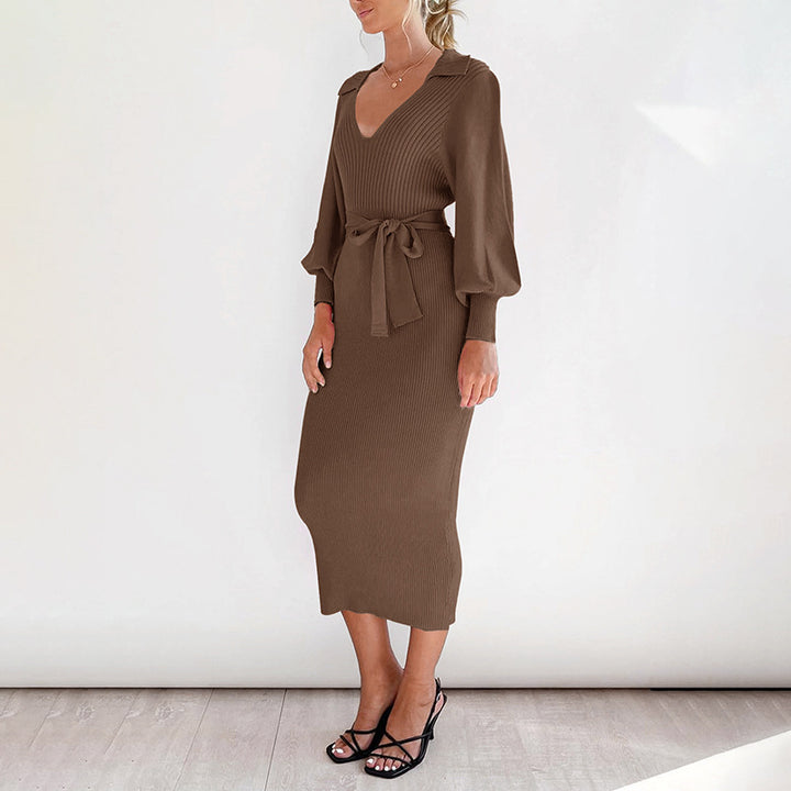 Damen Figurbetontes Rippstrick Midikleid mit V Ausschnitt Schalkragen Ballonärmeln und Bindegürtel Drune