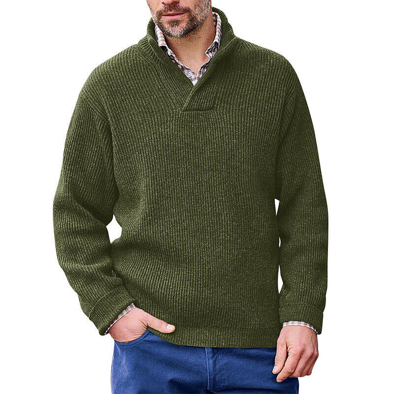 Herren Rippenstrick-Pullover mit Schalkragen und kurzem V-Ausschnitt Drune