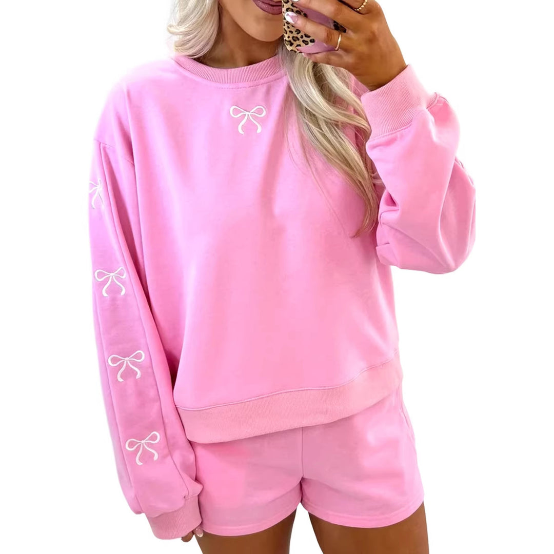 Damen Kuscheliges Sweat-Lounge-Set mit Shorts und bestickten Ballonärmeln Drune