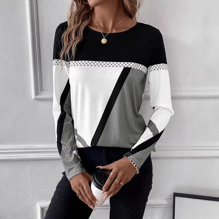 Damen Langarmshirt mit geometrischem Blockprint und Rundhalsausschnitt Drune