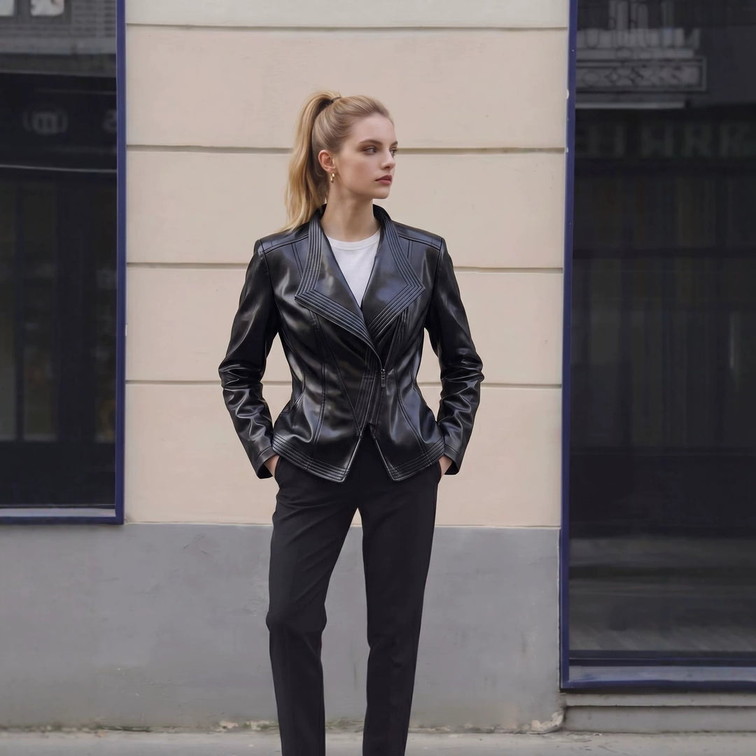 Damen Modische Kunstlederjacke mit asymmetrischem Reißverschluss Drune