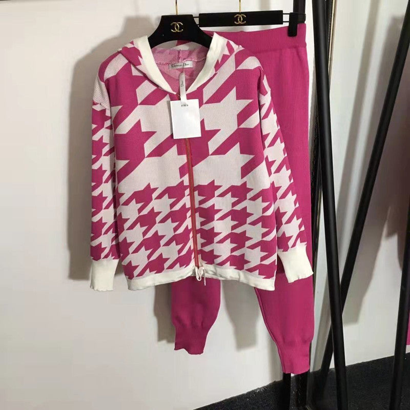 Damen modisches Strick-Loungewear-Set mit auffälligem Hahnentrittmuster Drune