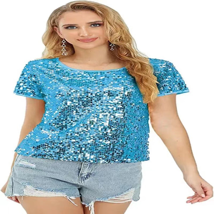 Damen Glitzerndes Pailletten T-Shirt mit lässigem Schnitt und komfortablem Baumwollmaterial Drune