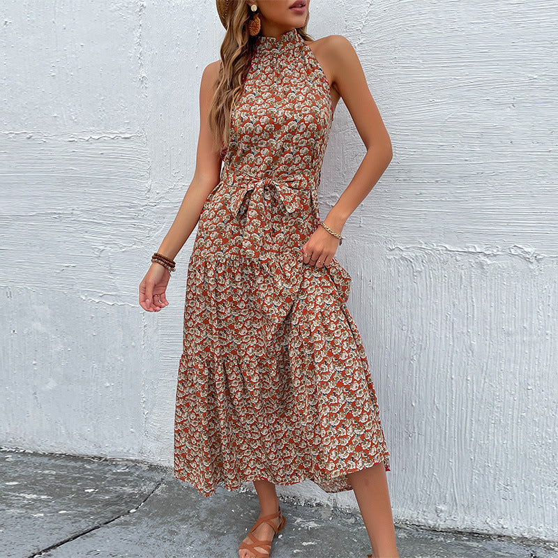 Damen Maxikleid mit floralen Rüschen und elegantem Taillengürtel Drune