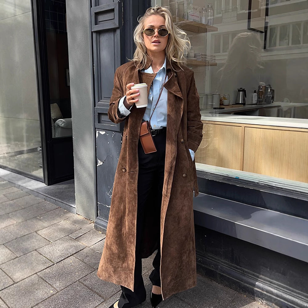 Damen Maxilanger Veloursleder‑Trenchcoat mit Bindegürtel Drune