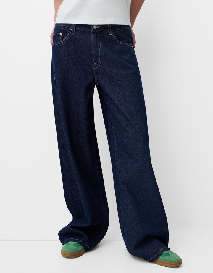 Damen nan ultraweite bodenlange Denim-Palazzohose mit cleanem Taschen-Schnitt und leichter Stretchwirkung Drune