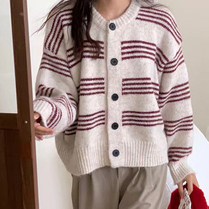 Damen modische Strickjacke mit kontrastierenden Streifen und praktischen Knöpfen Drune