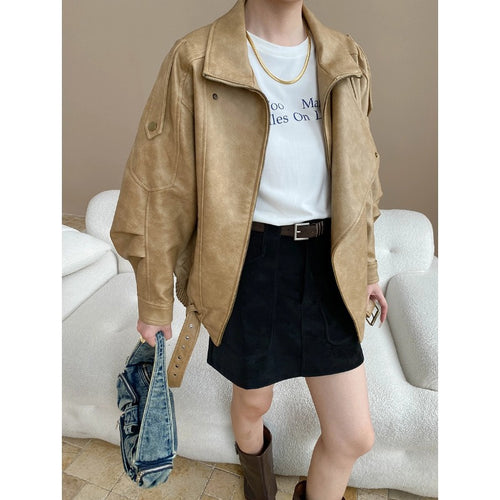 Damen lässige Motorradjacke im Oversized-Stil mit dekorativen Knopfdetails und hohem Kragen Drune