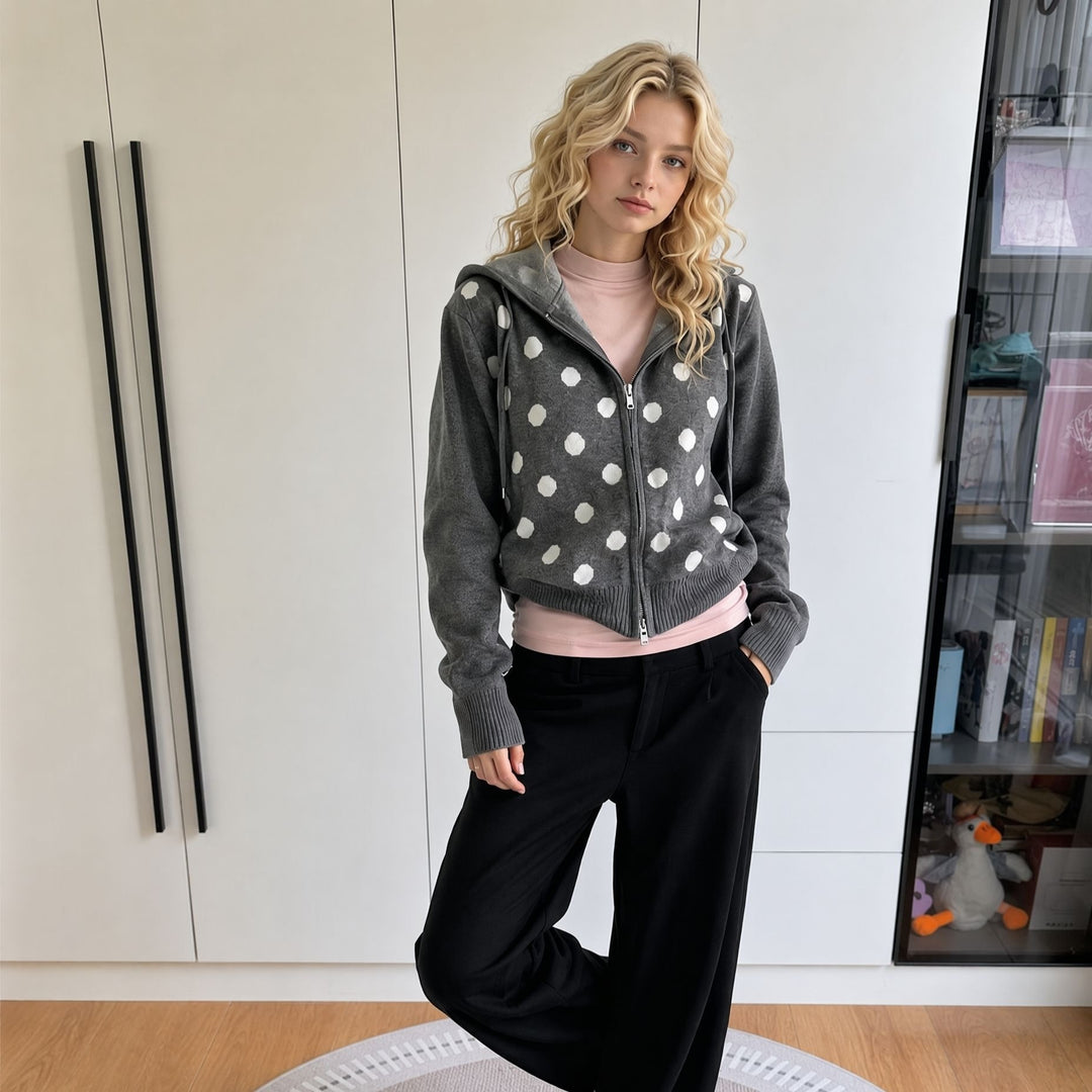 Damen Kapuzenjacke mit Reißverschluss, gewaschener Vintage-Optik & dezenter Punkte-Applikation Drune