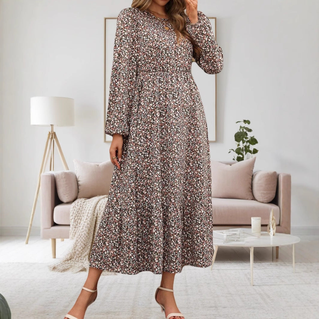 Damen Midi-Kleid mit elastischem Taillenband und floralem Muster Drune