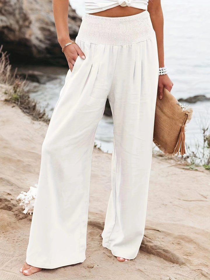 Damen Weite Leinenhose mit elastischem Bund und Falten Drune