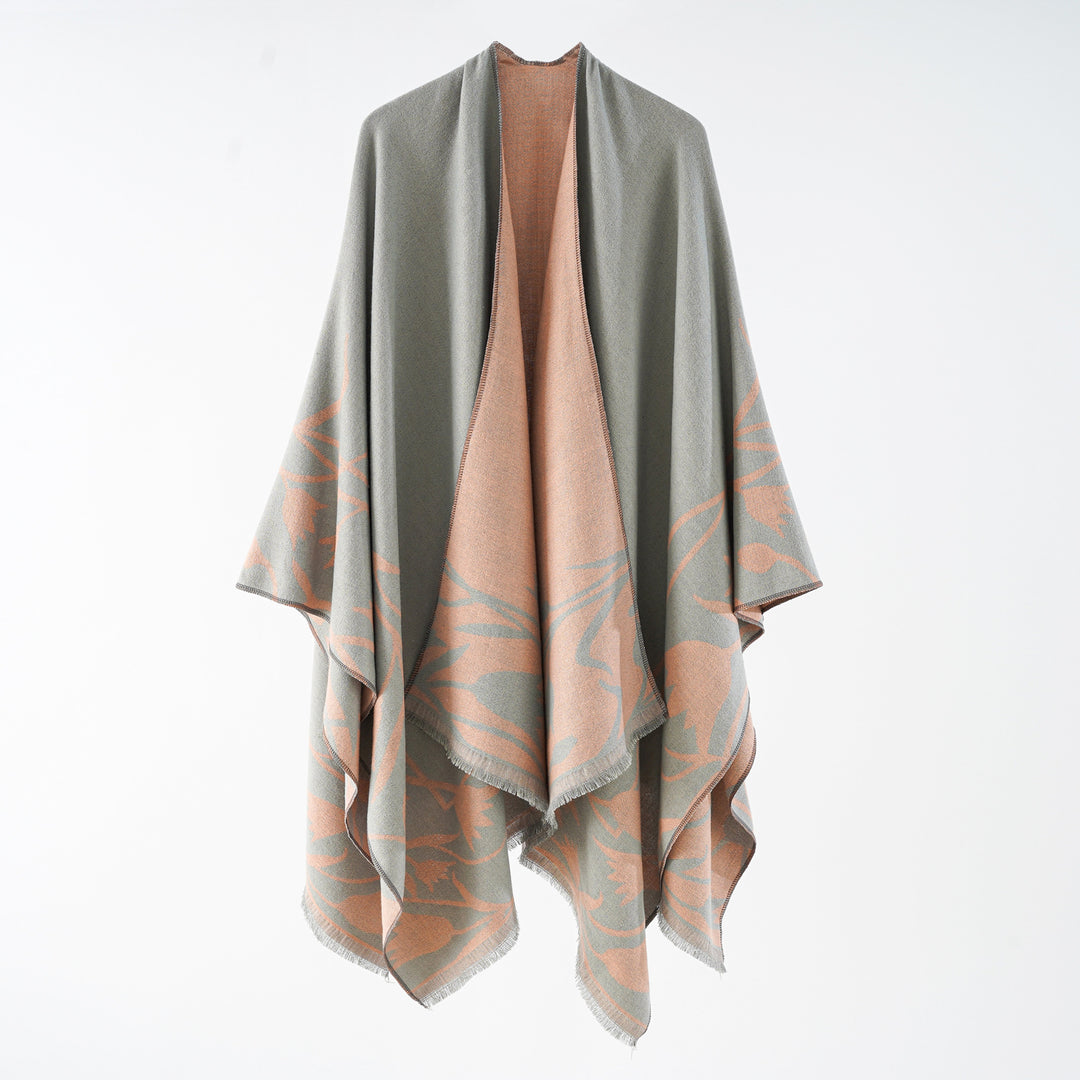 Damen Edler Wendbarer Ruana-Überwurf im Double-Face Wollmix mit floralem Jacquard Drune